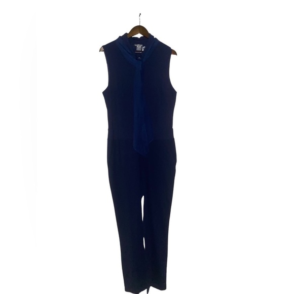 Venus Button Down Sleeveless Blue Women Jumpsuit with Detach Neck Scarf Size L - Picture 2 of 10